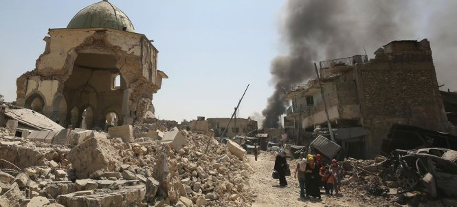 Đại giáo đường Hồi giáo ở Mosul, nơi thủ lãnh IS tuyên bố khai sinh tổ chức Nhà nước Hồi giáo cách đây ba năm, đã bị quân thánh chiến dùng chất nổ phá sập ngày 21-6-2017 - Ảnh: Ahmah Al Rubaye/AFP