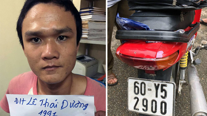 Lê Thái Dương và chiếc xe máy dùng để thực hiện hành vi phạm pháp tại trụ sở công an phường - Ảnh: CA cung cấp