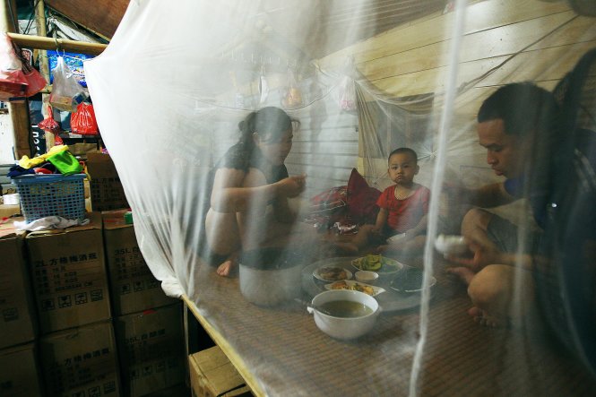 Một gia đình ở Phường Tứ Liên, Quận Tây Hồ (Hà Nội) chọn cách ăn cơm trong mùng để chống muỗi