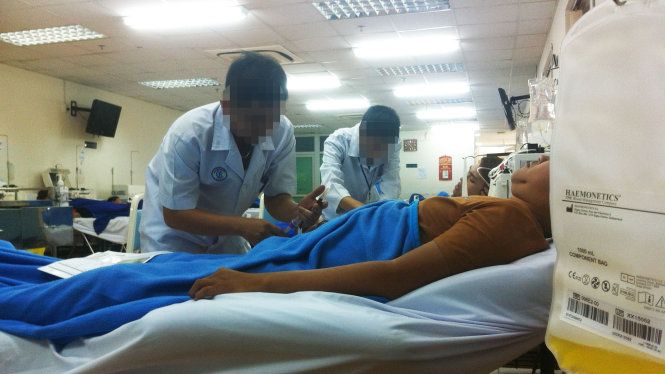 Nhân viên điều dưỡng chăm sóc cho người “chạy” tiểu cầu - Ảnh: H.LY