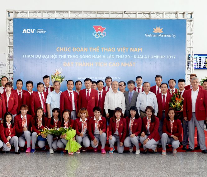 Lễ tiễn đoàn Thể thao VN tham dự SEA Games 29 tại tại Nhà ga T2, Cảng hàng không quốc tế Nội Bài nhằm cổ vũ tinh thần thi đấu tốt nhất cho Đoàn - Ảnh: CTV