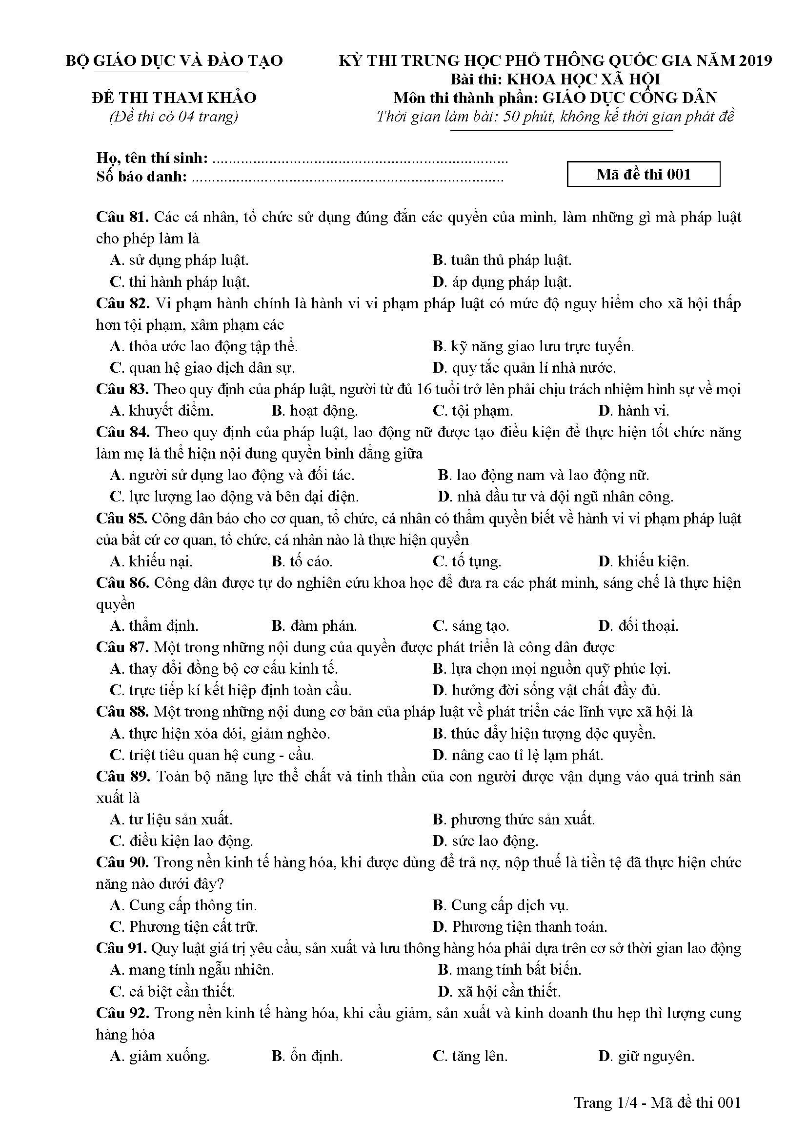 Đề tham khảo thi THPT quốc gia 2019 môn giáo dục công dân - Ảnh 1. Đề tham khảo thi THPT quốc gia 2019 môn giáo dục công dân - Ảnh 1.