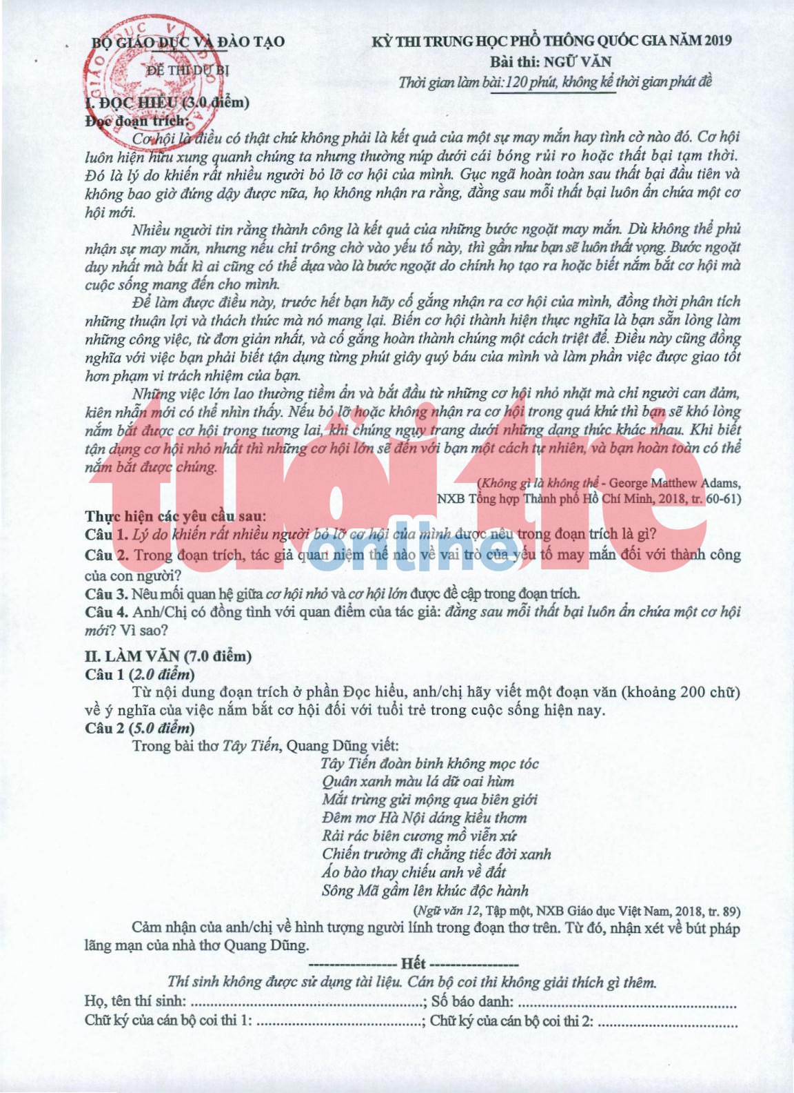 Đáp án môn ngữ văn THPT quốc gia 2019 đề dự bị - Ảnh 3.