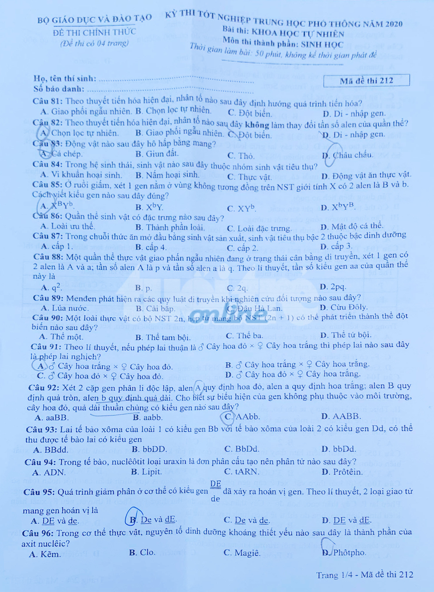 Đề và bài giải môn sinh kỳ thi tốt nghiệp THPT 2020 - đủ 24 mã đề - Ảnh 1.