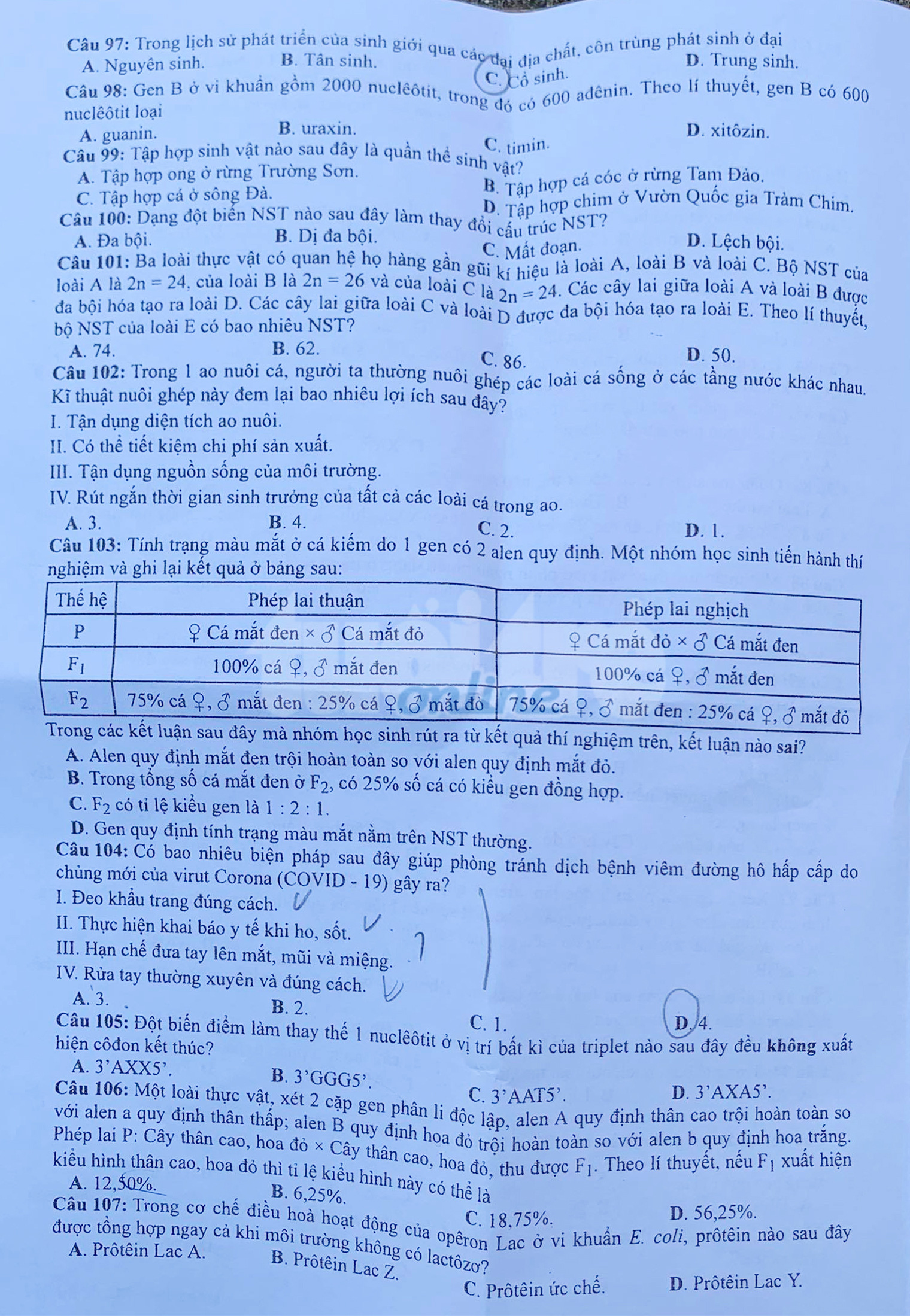 Đề và bài giải môn sinh kỳ thi tốt nghiệp THPT 2020 - đủ 24 mã đề - Ảnh 2.