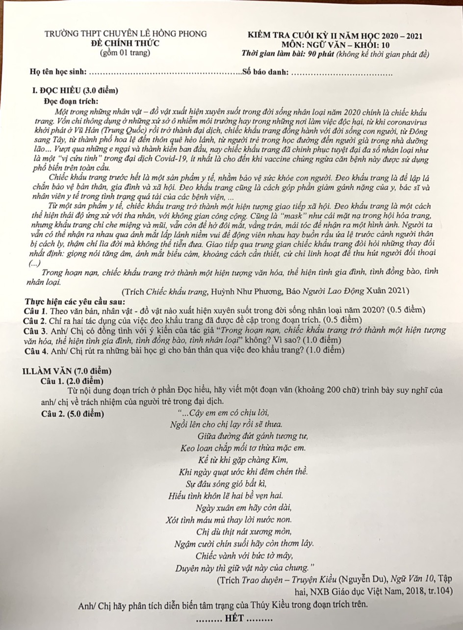 ‘Chiếc khẩu trang’ vào đề thi văn lớp 10 Trường chuyên Lê Hồng Phong - Ảnh 1. ‘Chiếc khẩu trang’ vào đề thi văn lớp 10 Trường chuyên Lê Hồng Phong - Ảnh 1.
