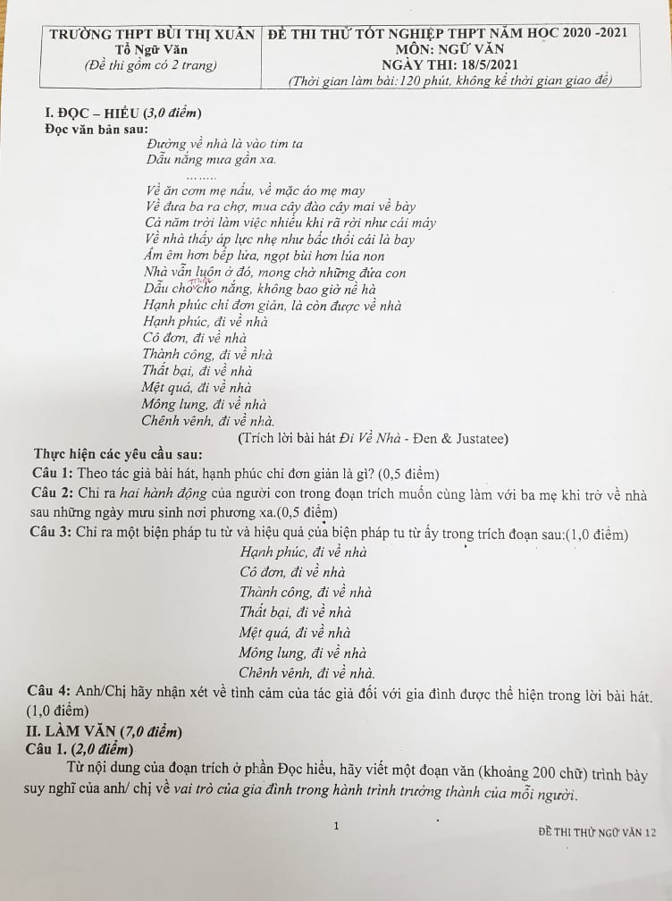 Đi về nhà của Đen Vâu vào đề thi thử lớp 12 Trường THPT Bùi Thị Xuân - Ảnh 1. Đi về nhà của Đen Vâu vào đề thi thử lớp 12 Trường THPT Bùi Thị Xuân - Ảnh 1.