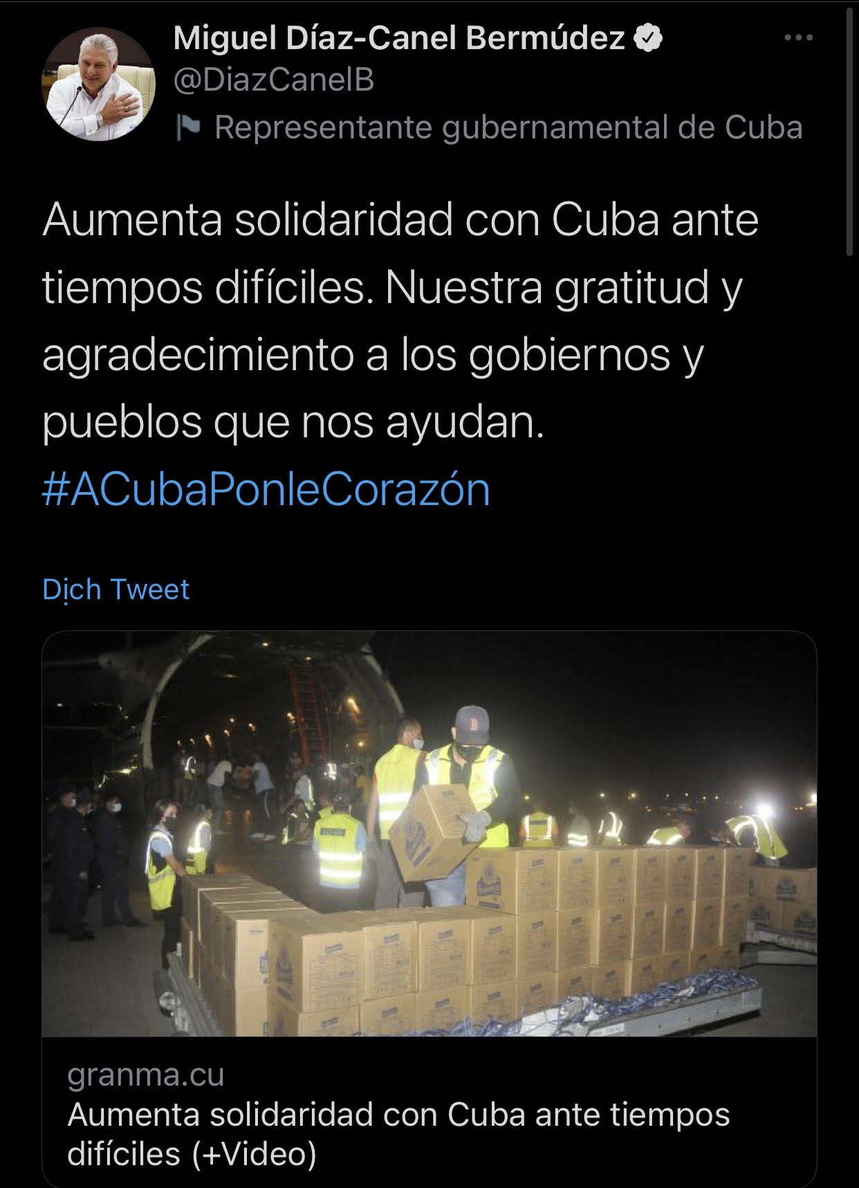 Chủ tịch nước Cuba bày tỏ lòng biết ơn và cảm tạ Việt Nam, bạn bè quốc tế - Ảnh 1. Chủ tịch nước Cuba bày tỏ lòng biết ơn và cảm tạ Việt Nam, bạn bè quốc tế - Ảnh 1.