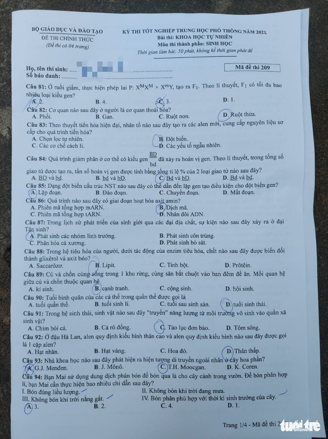 Đề và bài giải môn sinh học thi tốt nghiệp THPT 2021 - Ảnh 2. Đề và bài giải môn sinh học thi tốt nghiệp THPT 2021 - Ảnh 2.