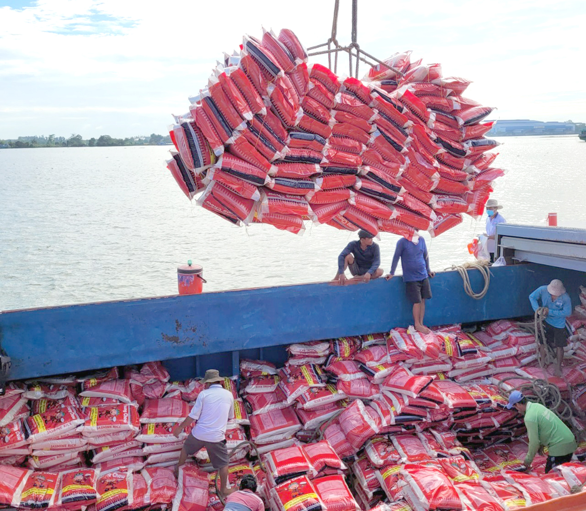 Công nhân cảng Mỹ Thới, TP Long Xuyên, An Giang đưa gạo lên tàu xuất khẩu - Ảnh: BỬU ĐẤU an ninh lương thực
