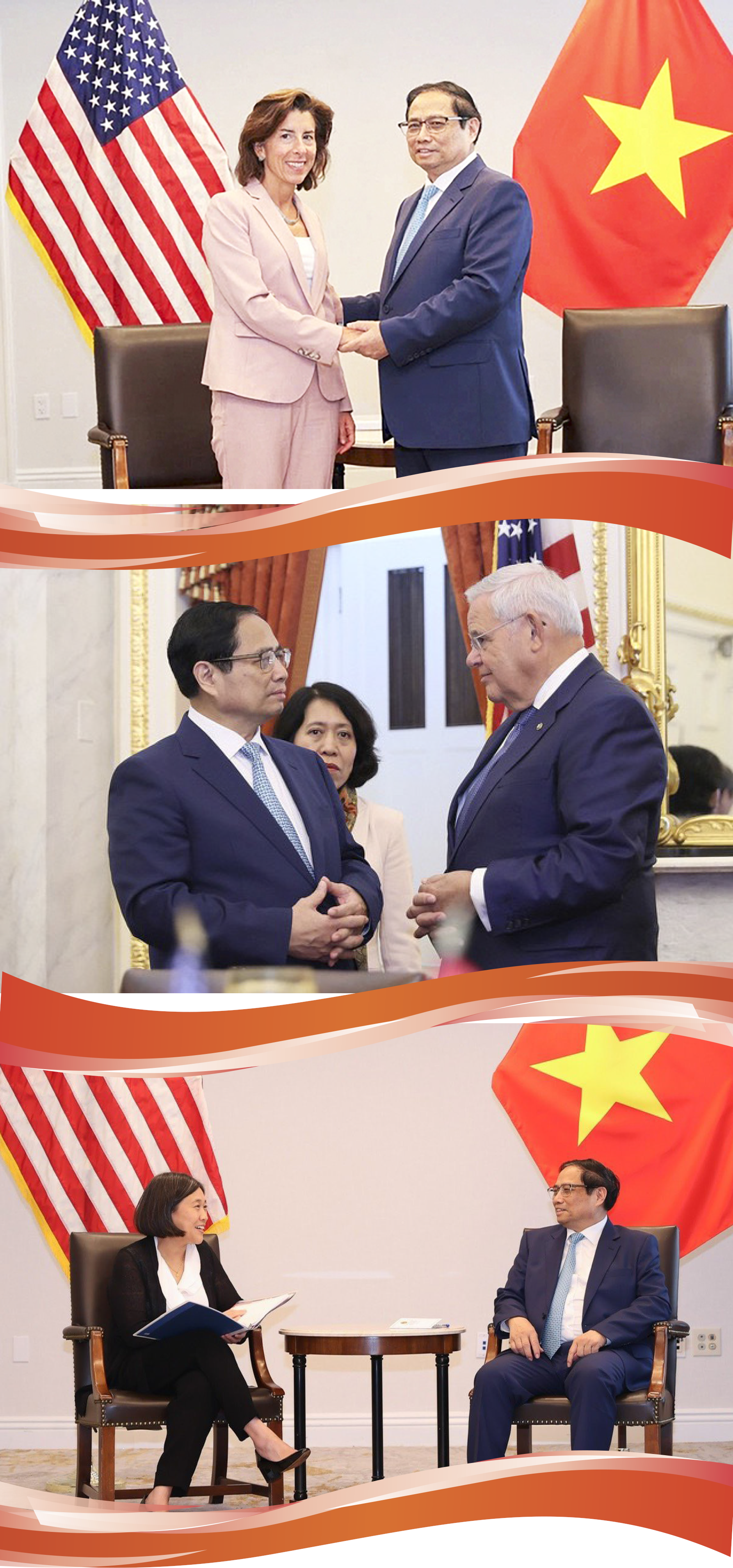 Từ trái qua: Thủ tướng Phạm Minh Chính gặp Bộ trưởng Thương mại Mỹ Gina Raimondo tại Washington D.C ngày 19-9. Thủ tướng Phạm Minh Chính gặp Chủ tịch Ủy ban Đối ngoại Thượng viện Mỹ Robert Menendez tại Washington D.C ngày 19-9-2023. Thủ tướng Phạm Minh Chính tiếp Đại diện Thương mại Mỹ Katherine Tai tại Washington D.C ngày 19-9-2023 - Ảnh: VGP - NHẬT BẮC