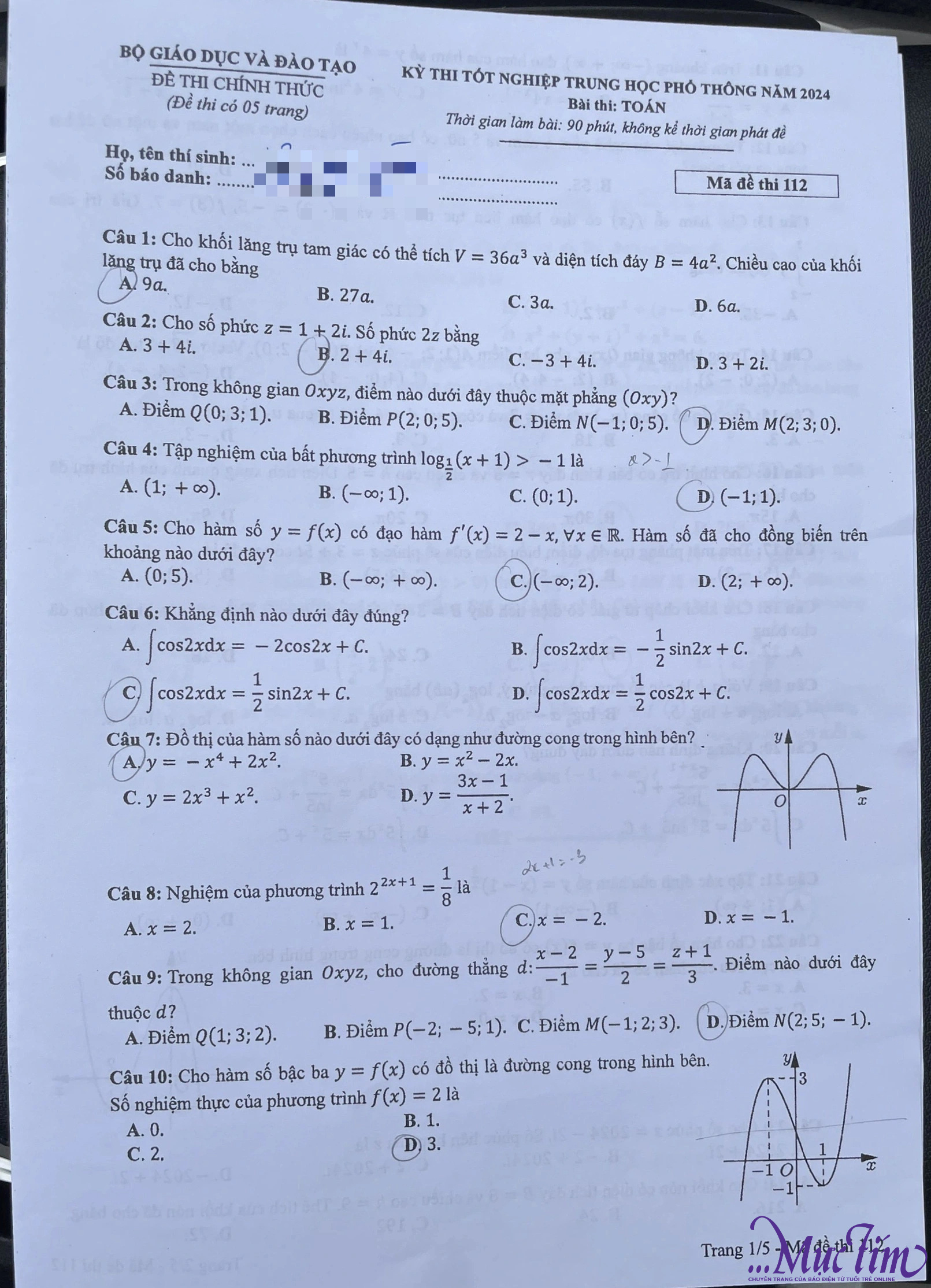 Đề thi toán tốt nghiệp THPT năm 2024- Ảnh 2.