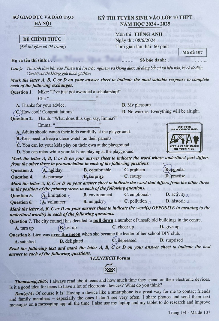Đề thi tiếng Anh tuyển sinh lớp 10 Hà Nội: Vừa sức, không đánh đố- Ảnh 1.