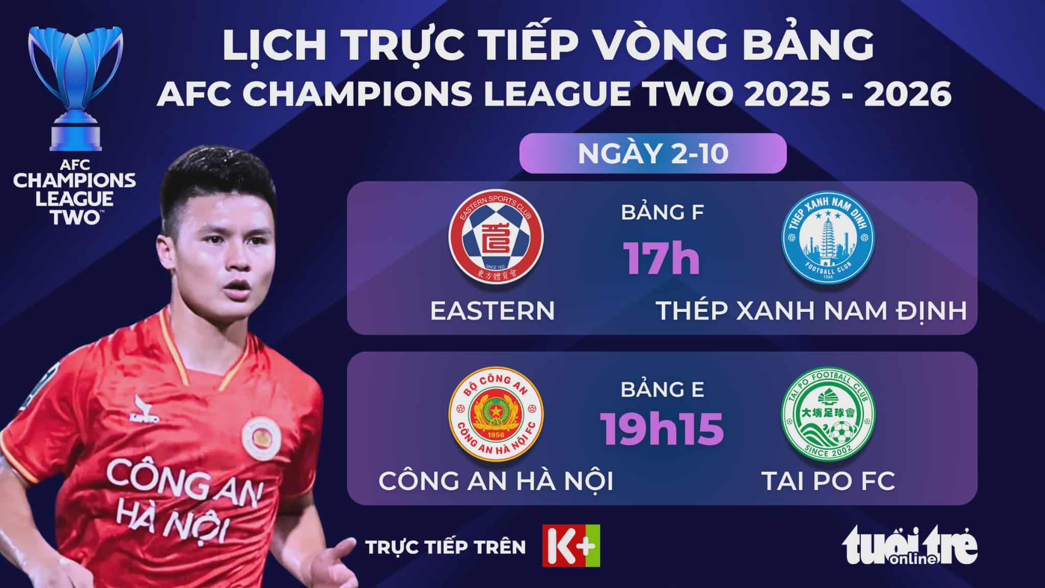 Lịch trực tiếp AFC Champions League Two: Nam Định và Công An Hà Nội cùng ra sân - Ảnh 1.