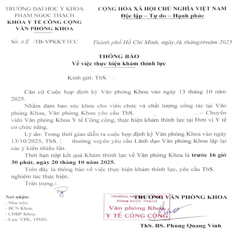 Trường đại học Y khoa Phạm Ngọc Thạch nói gì khi lãnh đạo khoa yêu cầu chuyên viên khám thính lực?- Ảnh 2. Trường đại học Y khoa Phạm Ngọc Thạch nói gì khi lãnh đạo khoa yêu cầu chuyên viên khám thính lực? - Ảnh 1.