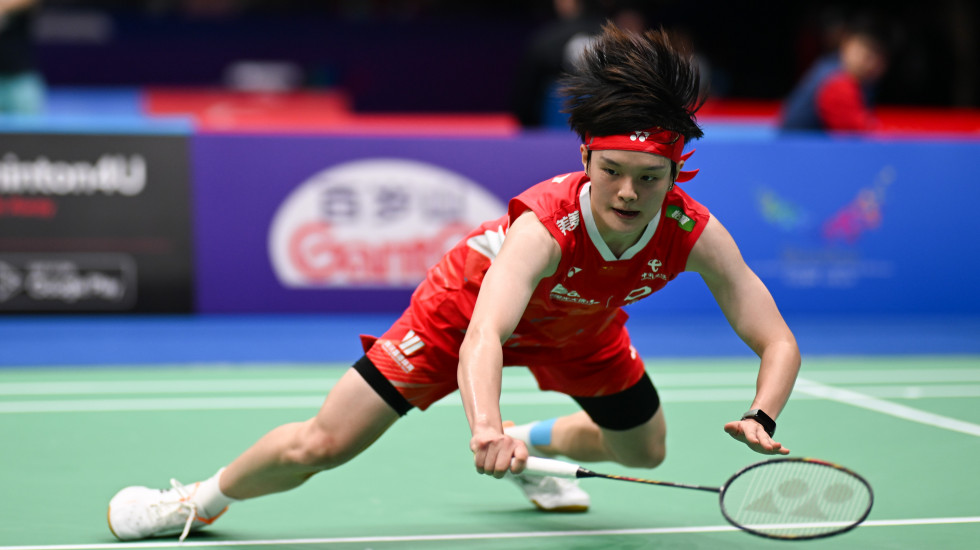 An Se Young celebrates a point against Wang Zhi Yi in the women's singles final.
