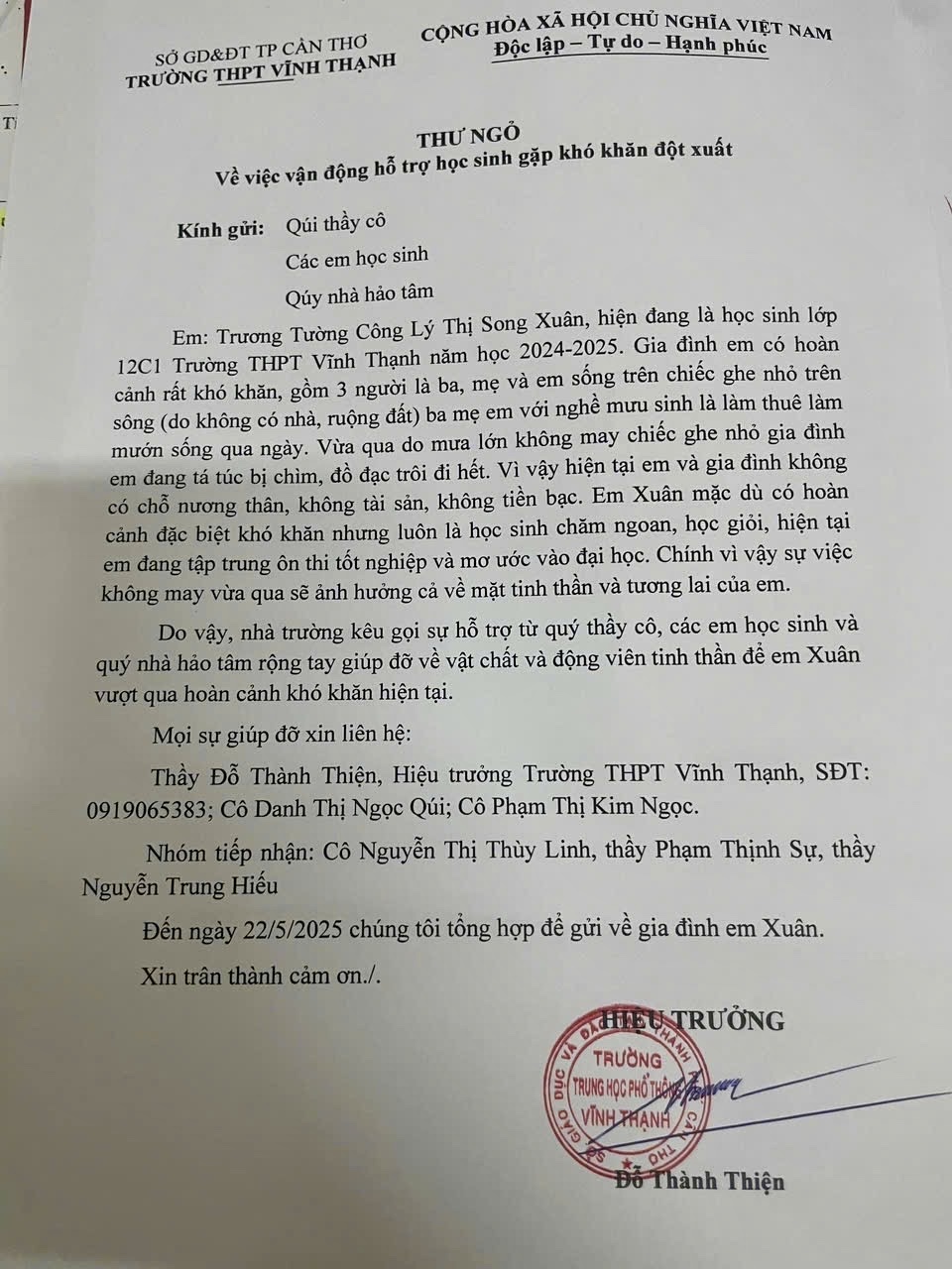 Chiếc ghe mang cả gia sản bị chìm, thầy cô ở Cần Thơ quyên góp hỗ trợ nữ sinh lớp 12 - Ảnh 2.
