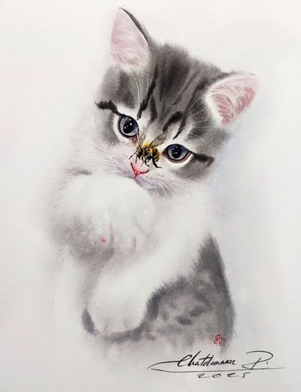 Посмотрите реалистичные акварельные картины бродячих кошек работы тайского художника - Фото 5. mèo - Ảnh 5.