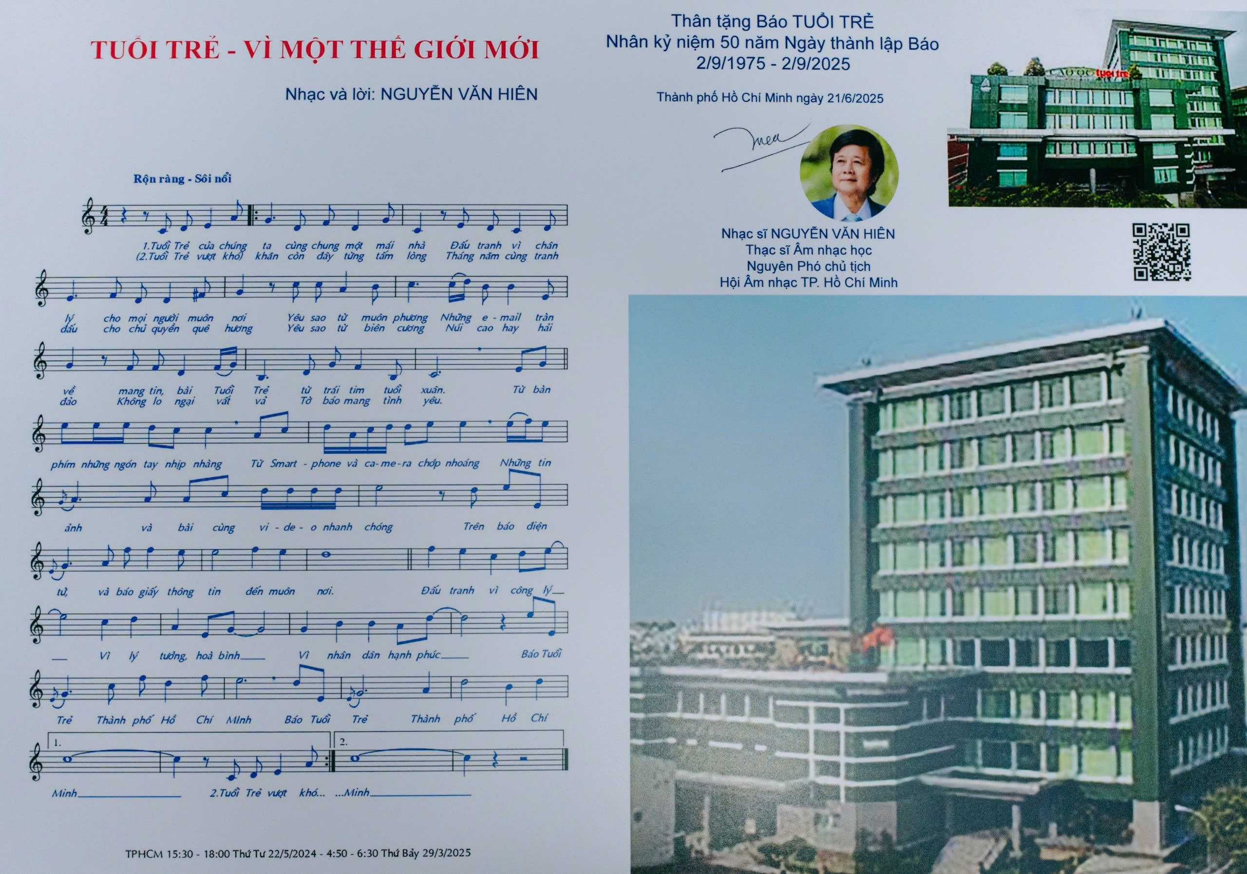 Nhạc sĩ Nguyễn Văn Hiên tặng ca khúc ‘Tuổi Trẻ - Vì một thế giới mới’ cho báo Tuổi Trẻ - Ảnh 2. Nhạc sĩ Nguyễn Văn Hiên tặng ca khúc ‘Tuổi Trẻ - Vì một thế giới mới’ cho báo Tuổi Trẻ - Ảnh 2.