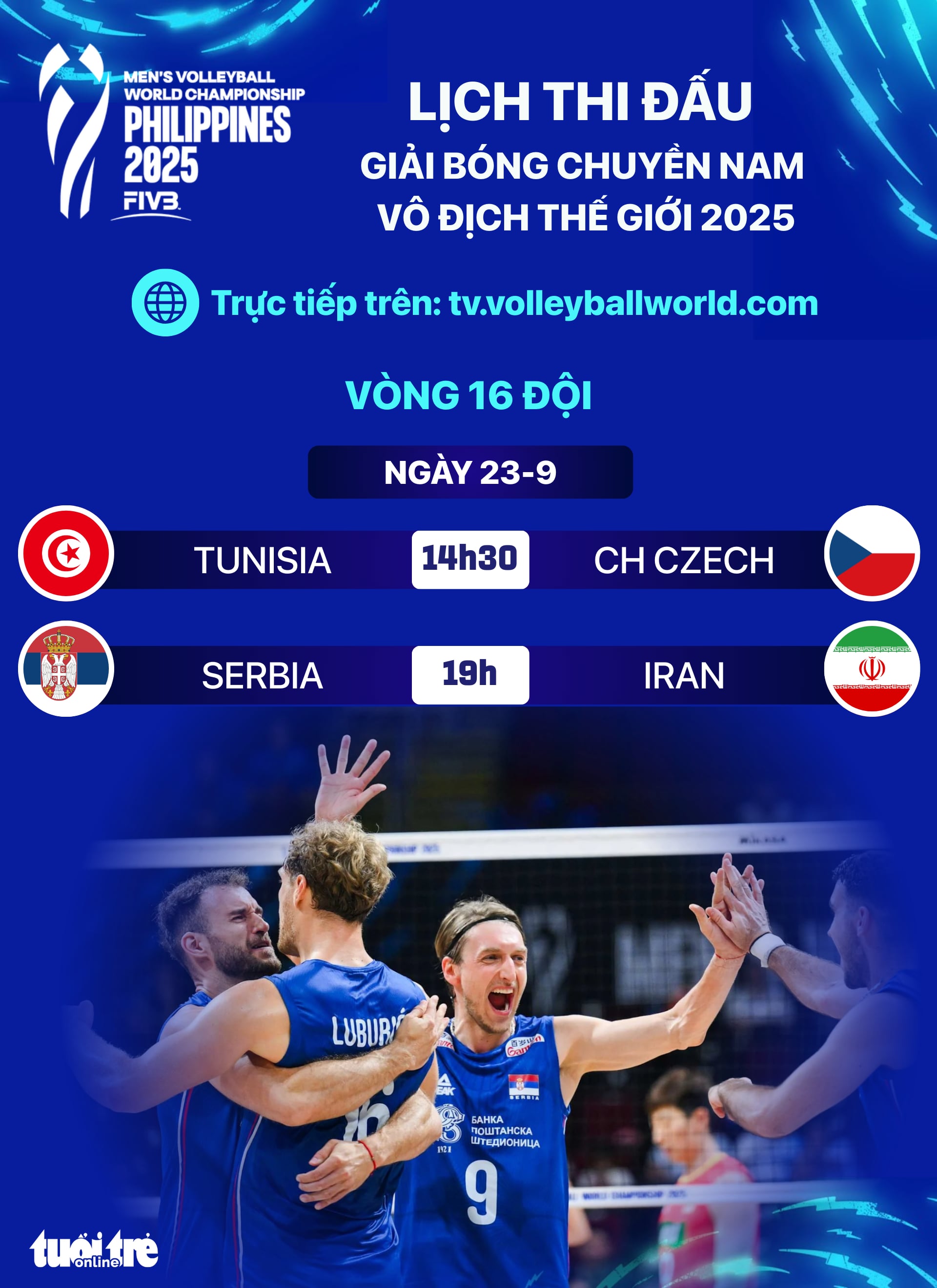 Lịch thi đấu vòng 16 đội Giải bóng chuyền nam vô địch thế giới ngày 23-9 - Ảnh 1.