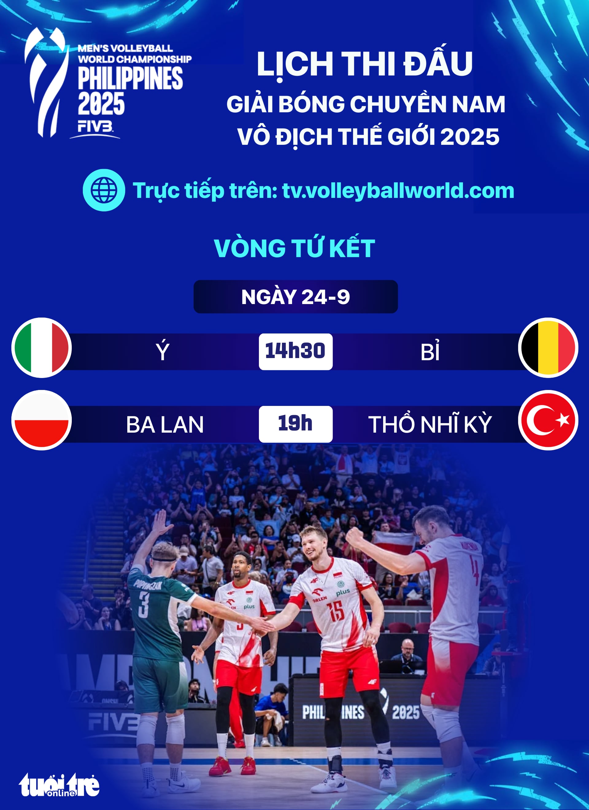 Lịch thi đấu tứ kết Giải bóng chuyền nam vô địch thế giới ngày 24-9 - Ảnh 1.