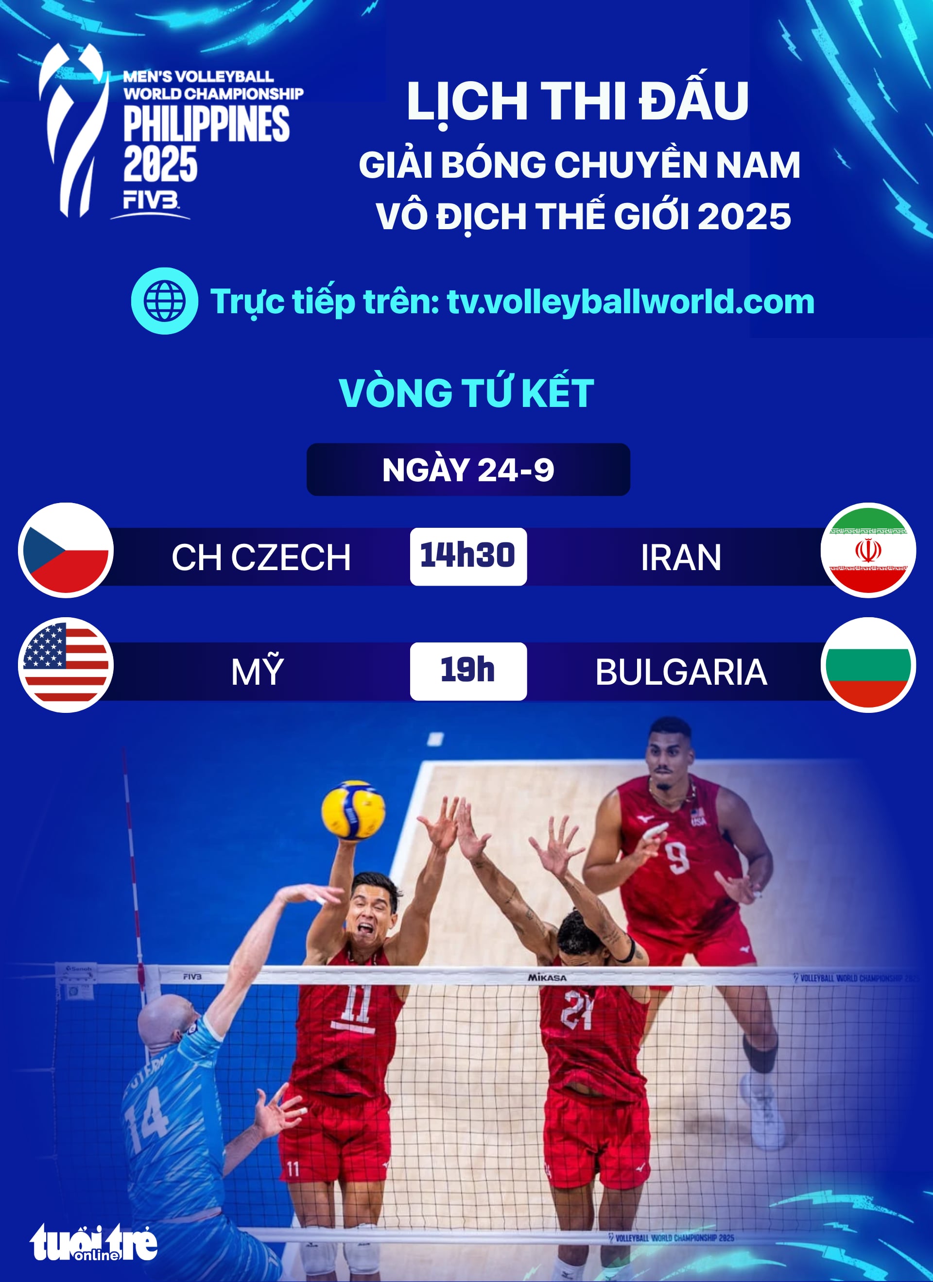 Lịch thi đấu tứ kết Giải bóng chuyền nam vô địch thế giới ngày 25-9 - Ảnh 1.