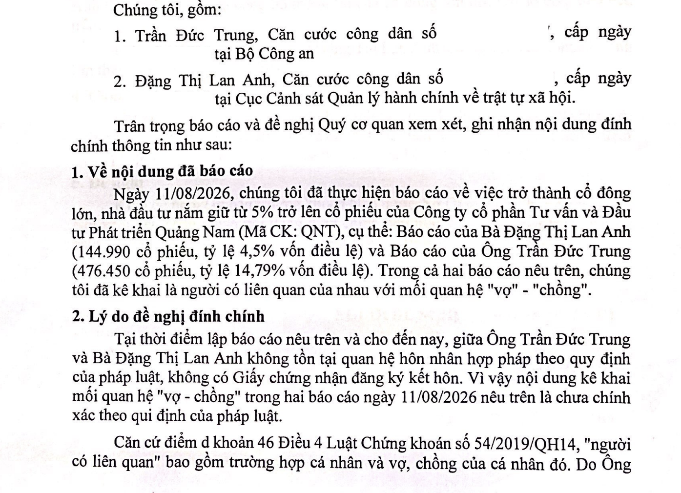Sau công bố là vợ chồng, hai cổ đông lớn của QNT lại bất ngờ đính chính… không phải - Ảnh 1.
