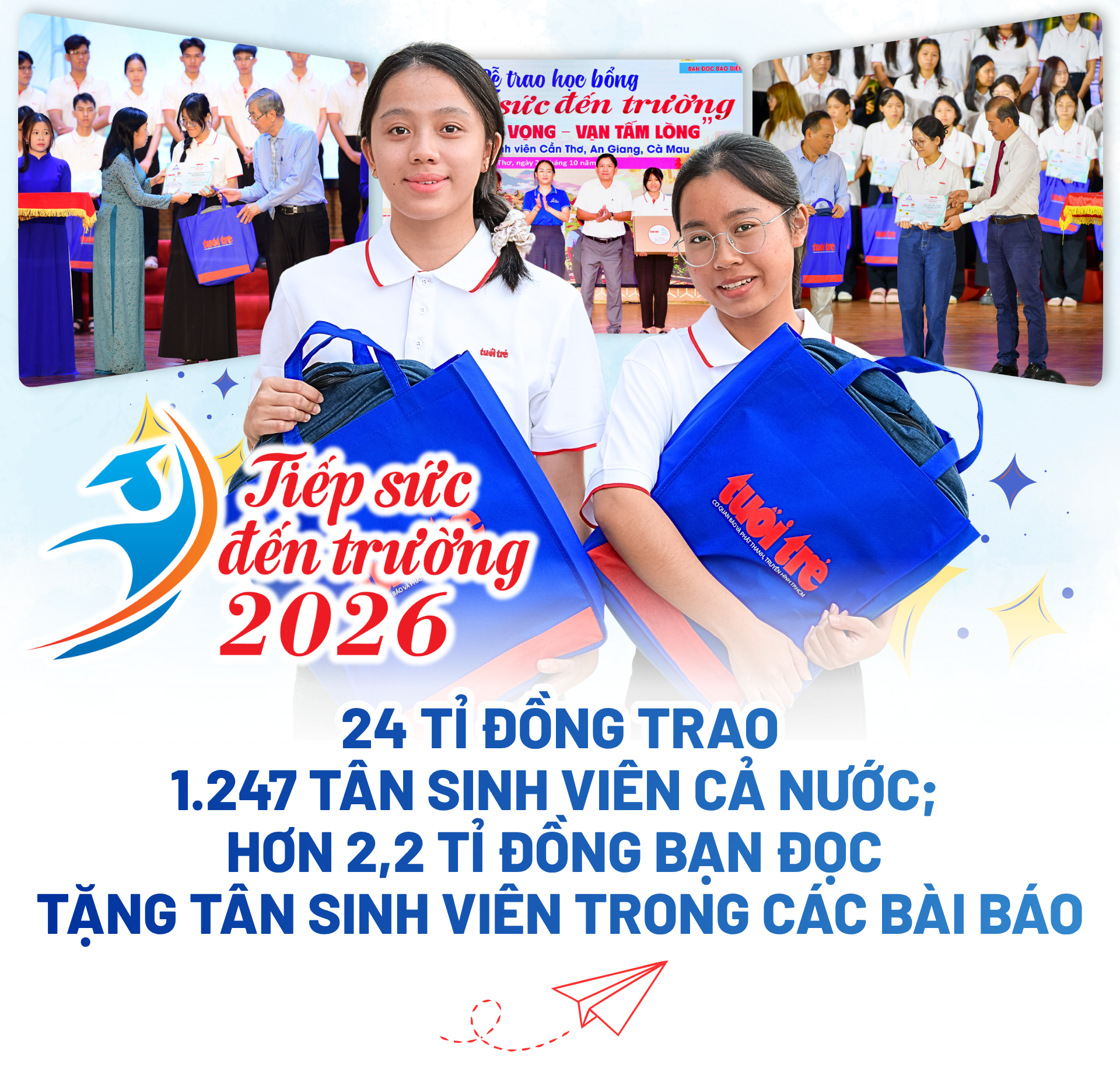 24 tỉ đồng trao tặng 1.247 tân SV 34 tỉnh thành; Hơn 2,2 tỉ đồng bạn đọc tặng tân SV trong các bài báo Tiếp sức đến trường