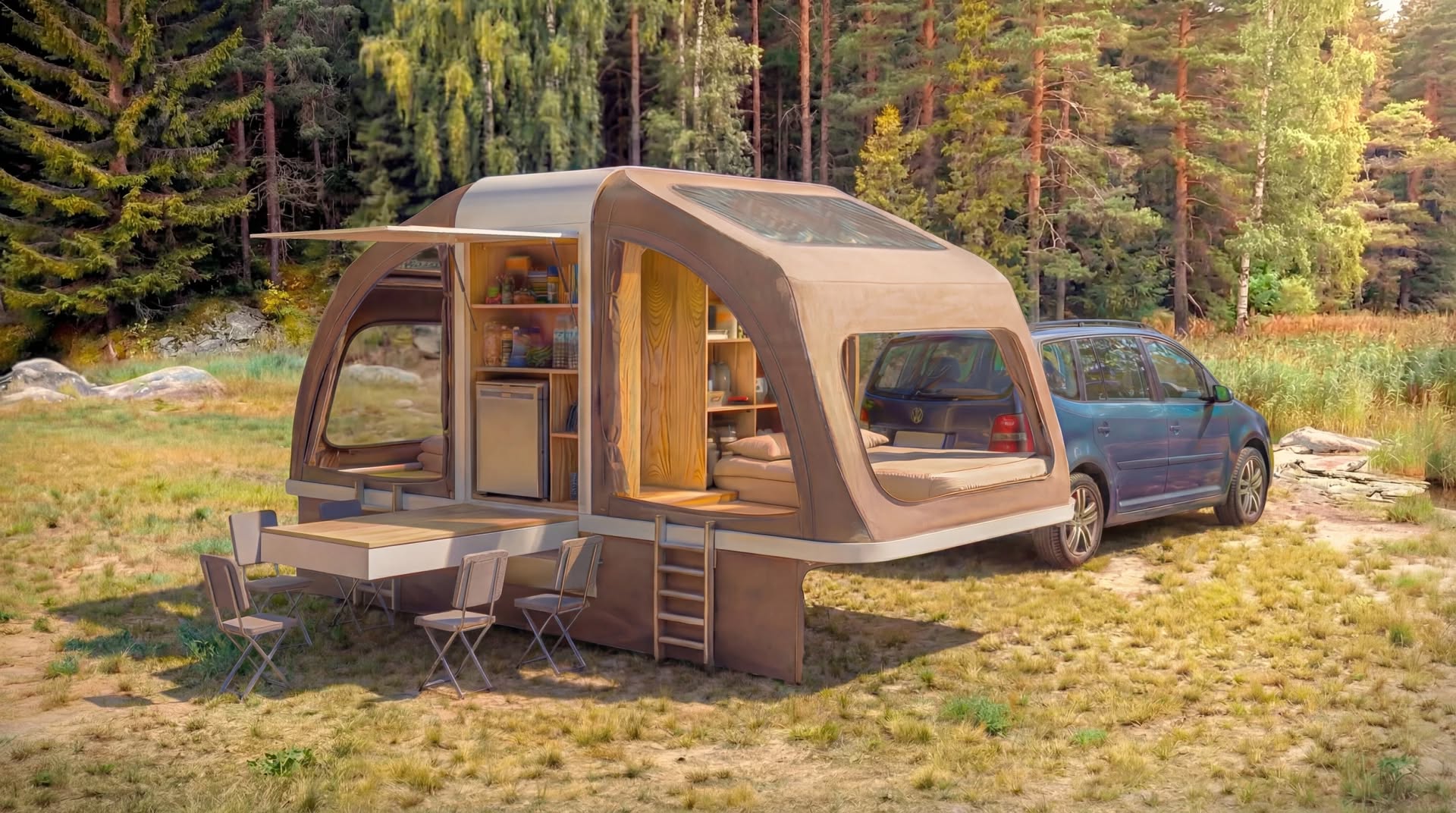 Nhà di động 'nở' gấp 3 lần: Bình thường nhỏ hơn cả Wuling Mini EV, khi mở rộng đủ cho 4 người sống - Ảnh 1.