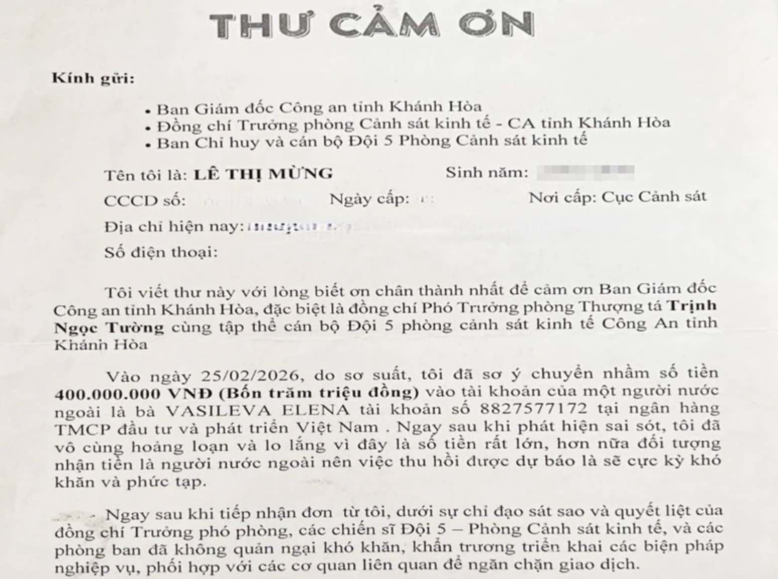 Người phụ nữ nhận lại 400 triệu đồng sau khi chuyển nhầm cho du khách Nga ở Nha Trang - Ảnh 1.