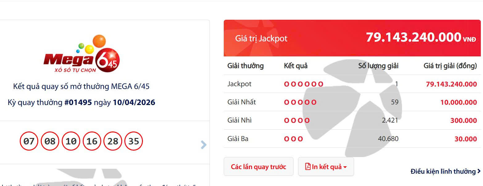 Vietlott ghi nhận vé trúng Jackpot hơn 79 tỉ đồng trong kỳ quay số tối nay