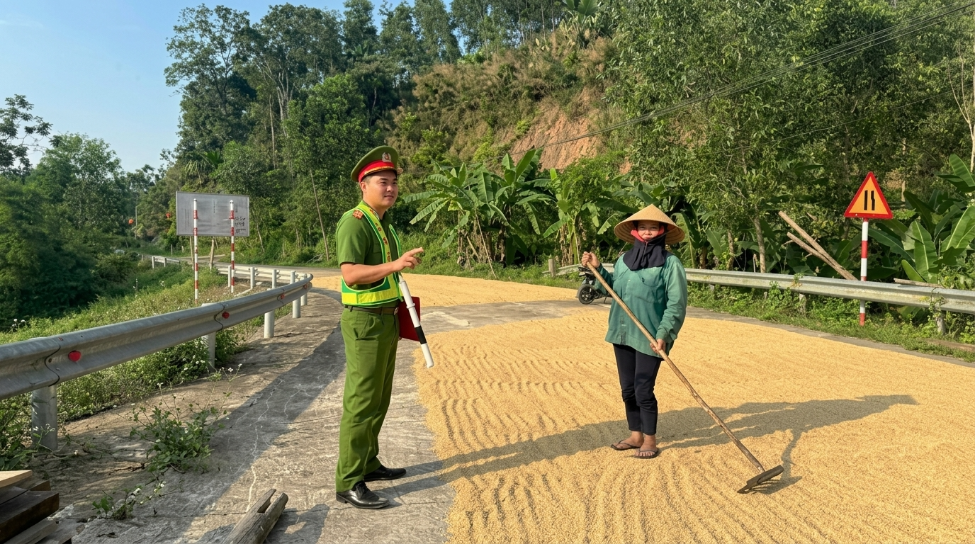Công an nhắc nhở người dân không phơi lúa lấn chiếm lòng, lề đường - Ảnh 1.