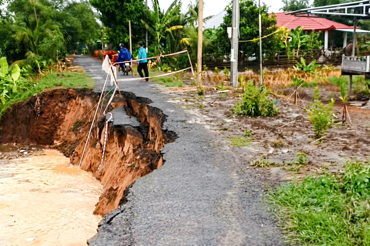 Đường nông thôn ở xã Định Mỹ bị sạt lở nghiêm trọng, dân đi lại khó khăn - Ảnh 1.