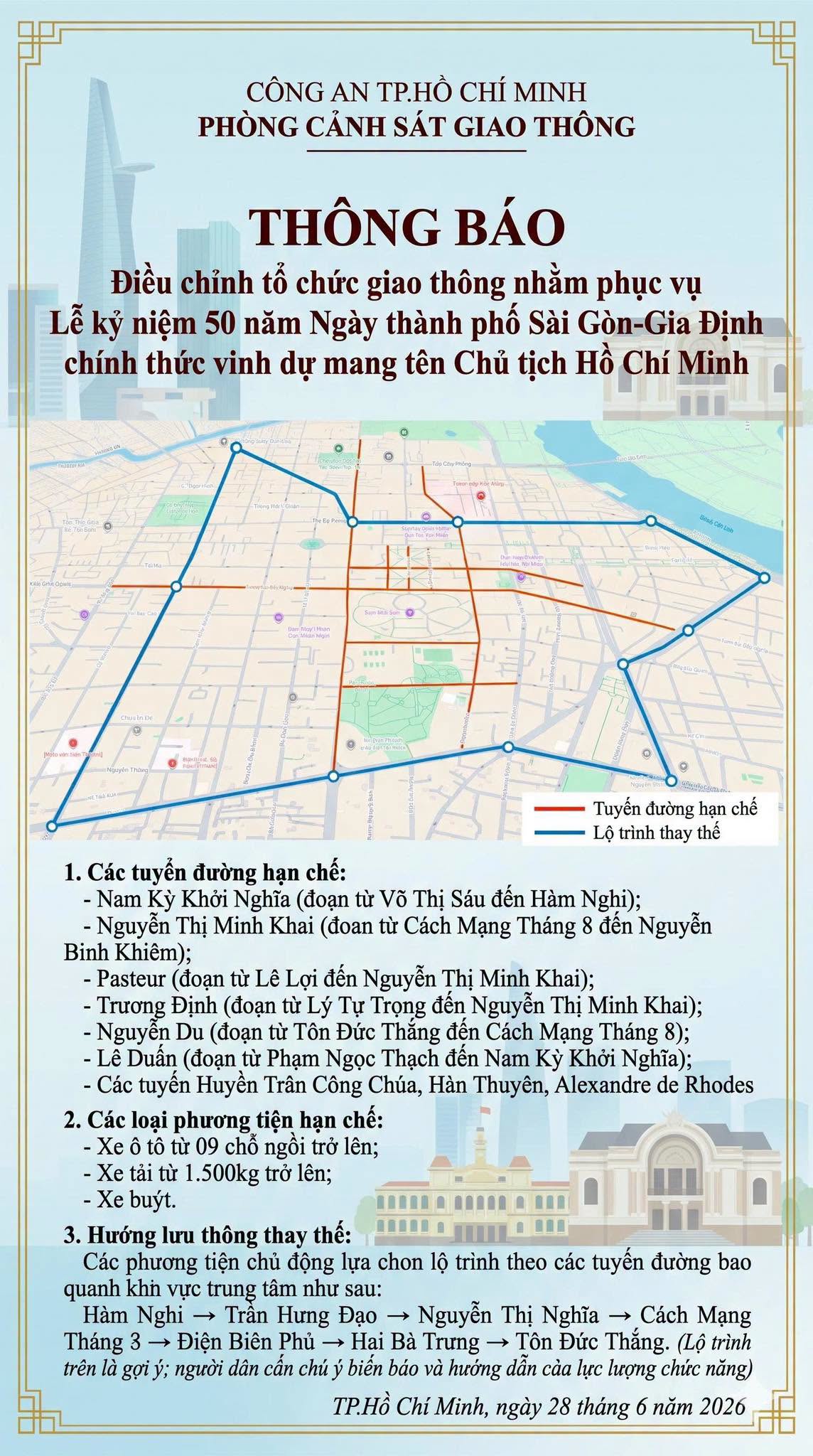 Phân luồng giao thông ở TP . HCM ngày 2 - 7 phục vụ Lễ kỷ niệm 50 năm - Ảnh 1.