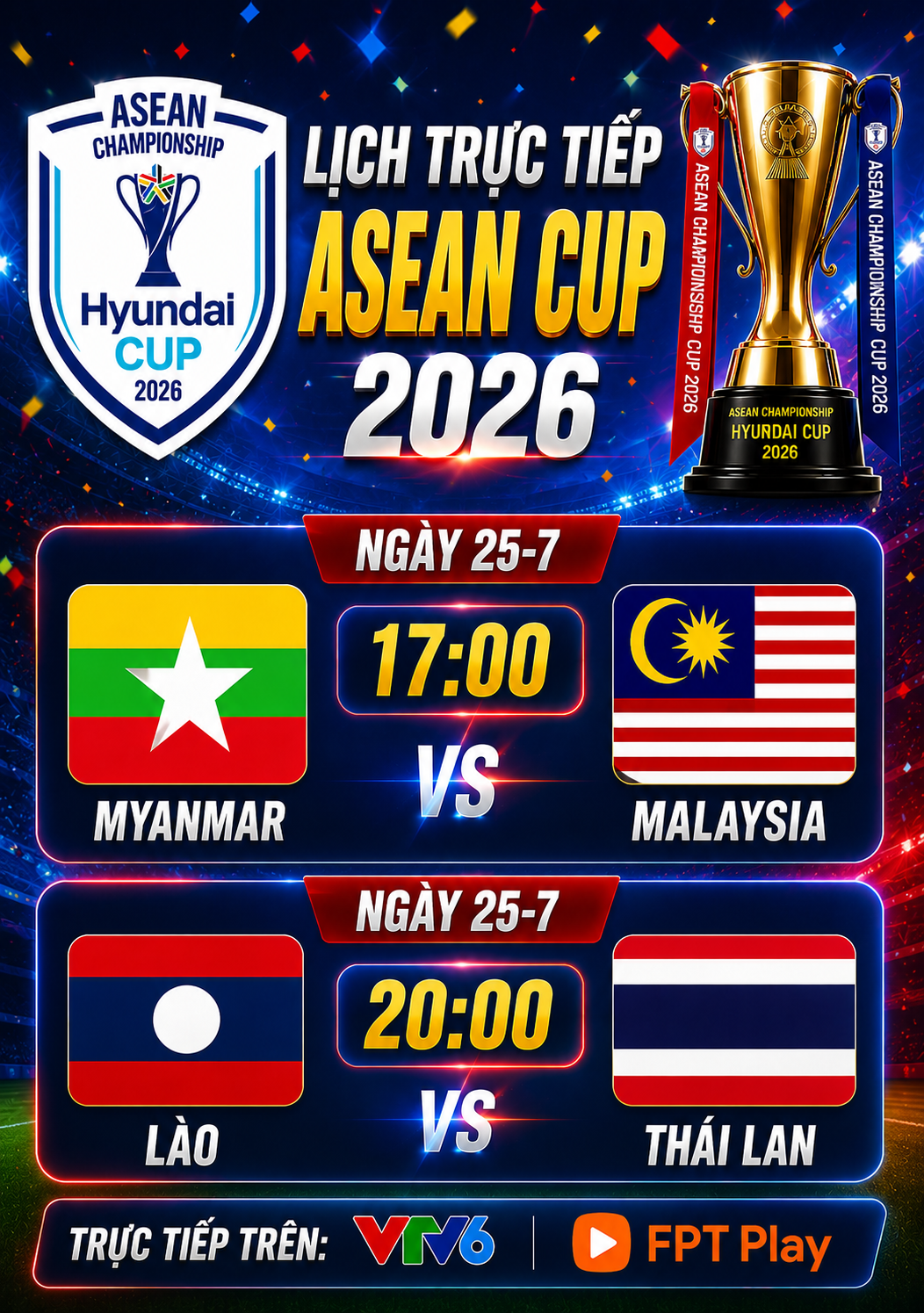 Lịch trực tiếp ASEAN Cup 2026 ngày 25-7: Malaysia, Thái Lan ra sân - Ảnh 1.