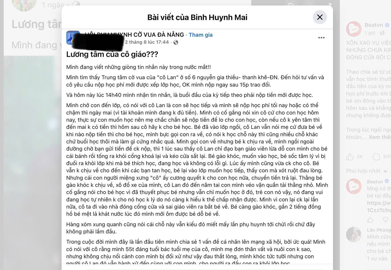 Phường lên tiếng về bài đăng cháu bé bị 'tống' khỏi lớp cờ vua vì chậm nộp học phí - Ảnh 2.