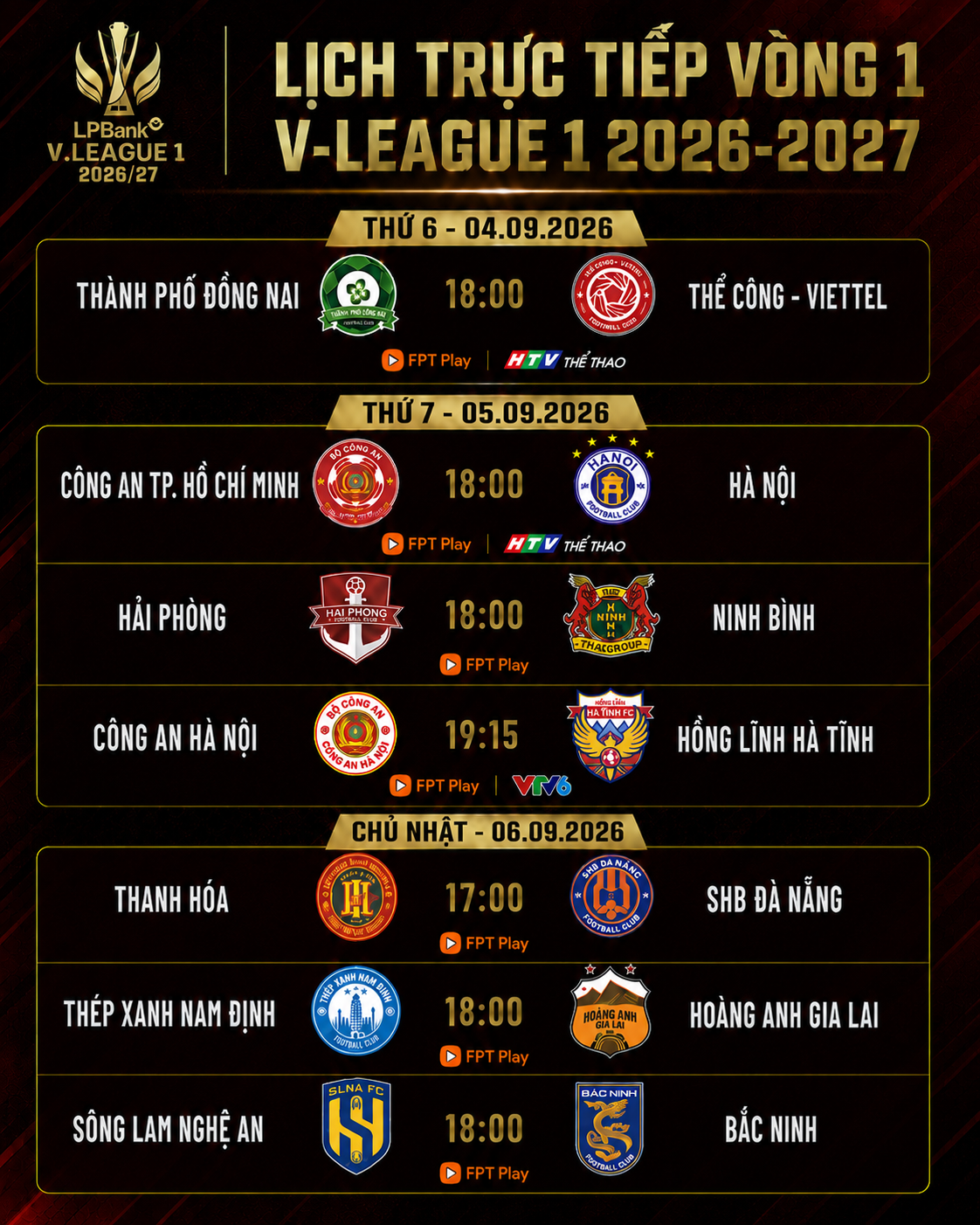 Lịch trực tiếp vòng 1 V-League 2026-2027: Công An TP. Hồ Chí Minh đấu Hà Nội Lịch trực tiếp vòng 1 V-League 2026-2027: Công An TP.HCM đấu Hà Nội - Ảnh 1.