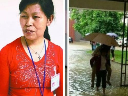 Nữ sinh nhờ bà lao công 50 tuổi cõng qua vũng nước