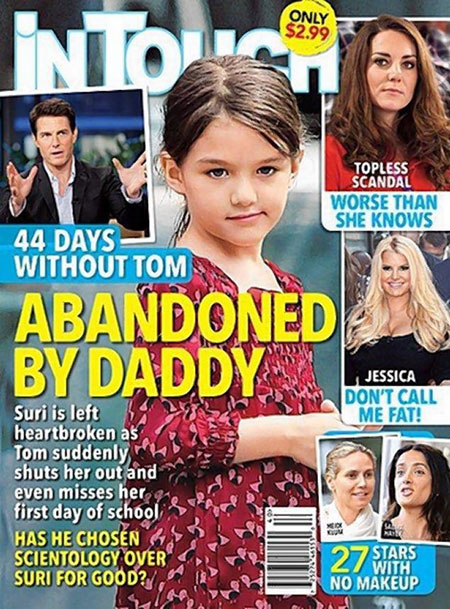 Bìa tạp chí In touch đăng tin Tom Cruise có thể đã bỏ rơi con gái vì đạo Scientology. Ảnh: Internet