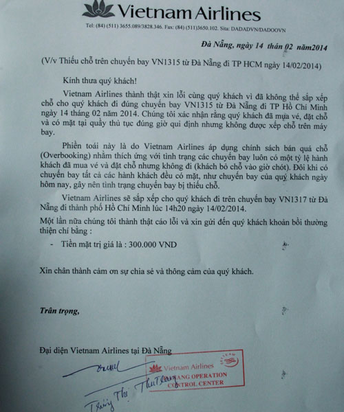 Vietnam Airlines gửi c&ocirc;ng văn giải th&iacute;ch việc thiếu chỗ tr&ecirc;n chuyến bay VN1315