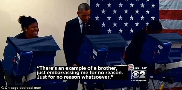 Last laugh: The President made fun of Mike Jones to his girlfriend Aia Cooper at the polling booth and told a delighted Ms Cooper her boyfriend was embarrassing