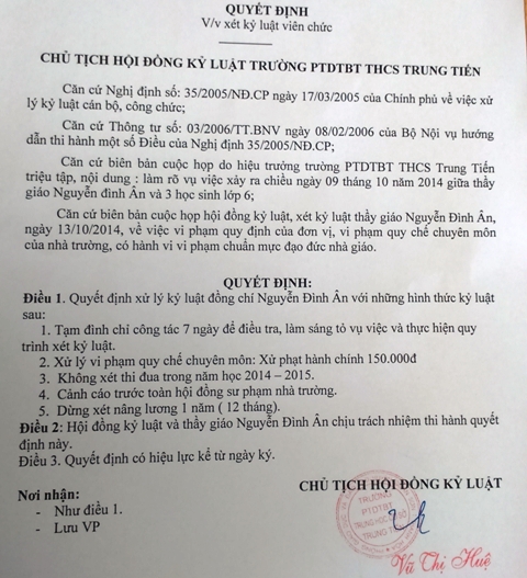 Quyết định kỷ luật thầy gi&aacute;o c&oacute; h&agrave;nh động lạ với học sinh
