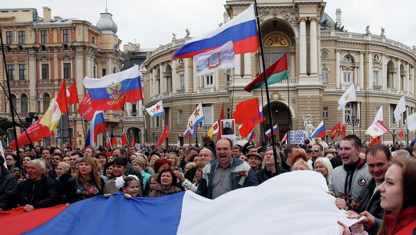 Supporters of federalization of Ukraine during a rally in Odessa