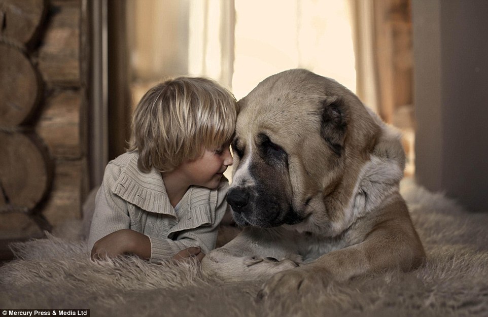 A young boy rests his head against his loyal companion as they snuggle up together on a cosy rug&nbsp;