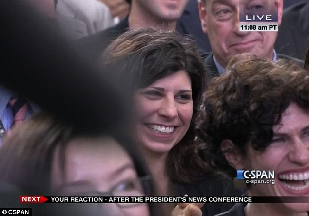 All smiles: President Obama first called upon Carrie Budoff Brown from Politico and joked about her up-coming move to Belgium, saying that they made very good waffles there