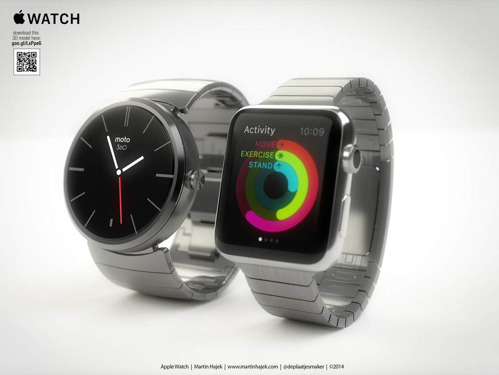 Apple Watch d&acirc;y kim loại (phải) b&ecirc;n cạnh Moto 360.