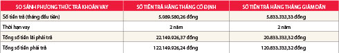 (Khoản vay cùng mức lãi suất 20%/năm tính theo dư nợ giảm dần)
