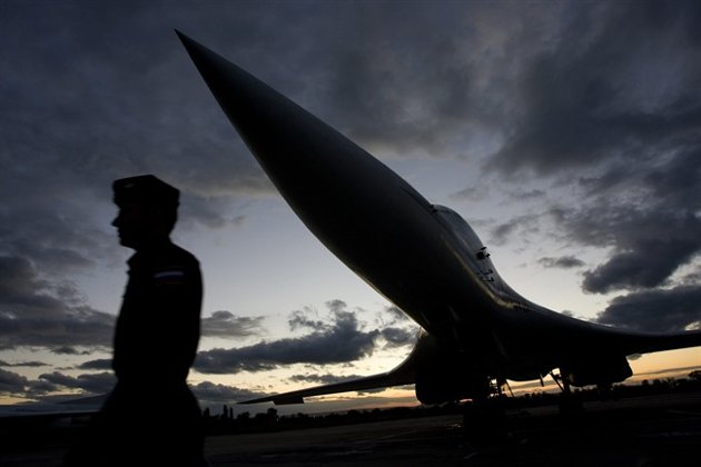 FILE - In this Thursday, Aug. 7, 2008 file photo, Russia's strategic bomber Tu-160 or White Swan, the largest supersonic bomber in the world, seen at Engels Air Base near Saratov, about 700 kilometers (450 miles) southeast of Moscow, Russia. Russia&rsquo;s defense minister says the military will conduct regular long-range bomber patrols, ranging from the Arctic Ocean to the Caribbean and the Gulf of Mexico. (AP Photo/Misha Japaridze)