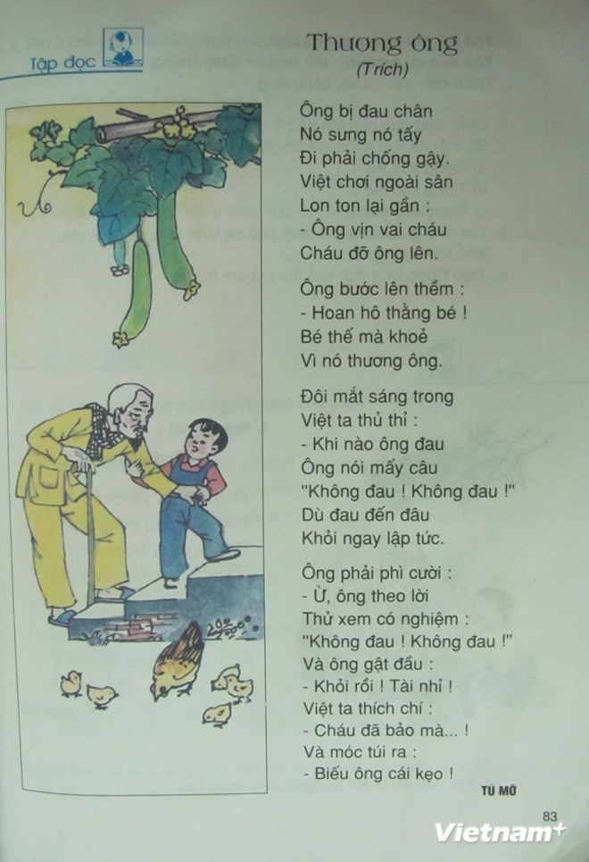 B&agrave;i thơ Thương &ocirc;ng tr&iacute;ch trong s&aacute;ch Tiếng Việt lớp 2, tập một. (Ảnh: PV/Vietnam+)