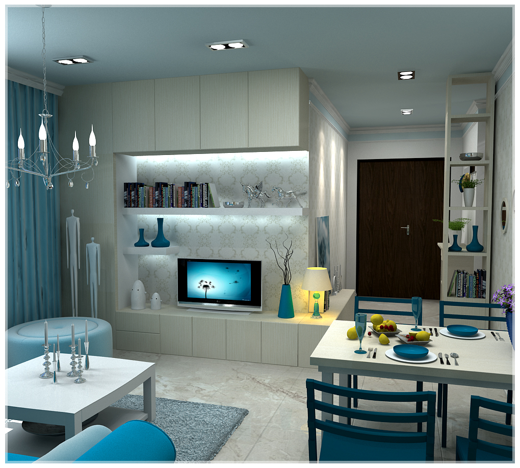 M&agrave;u xanh từ chất liệu bọc vải sofa ph&iacute;a sau l&agrave; bức tường treo tranh bố cục sắp đặt nghệ thuật.